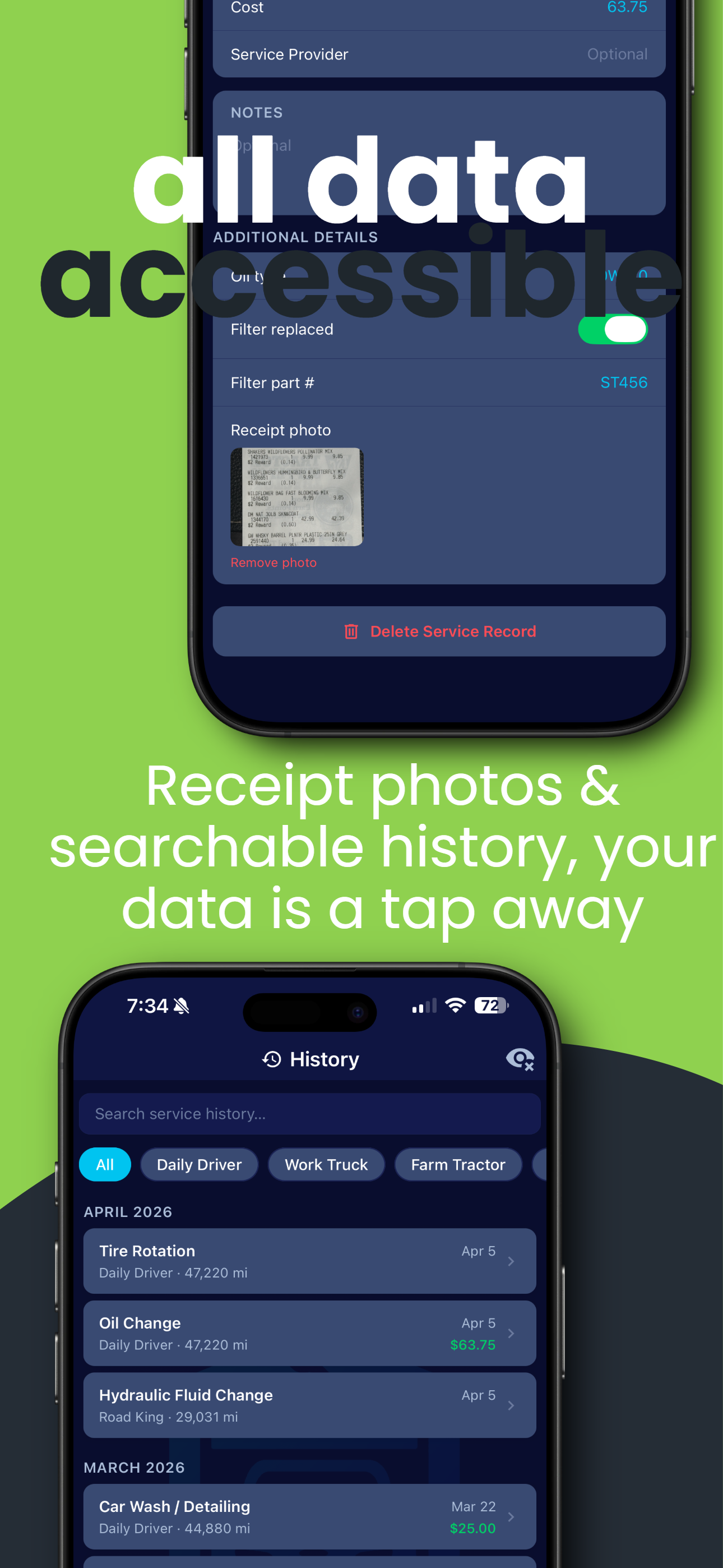 All data accessible — receipt photos and service history